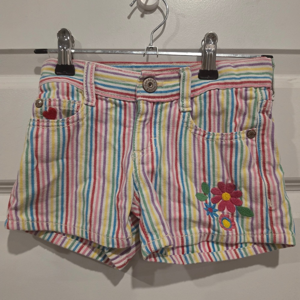 OshKosh B'gosh Shorts Girls 4 Rainbow Cotton Preppy Flower Heart Embroidery Y2K